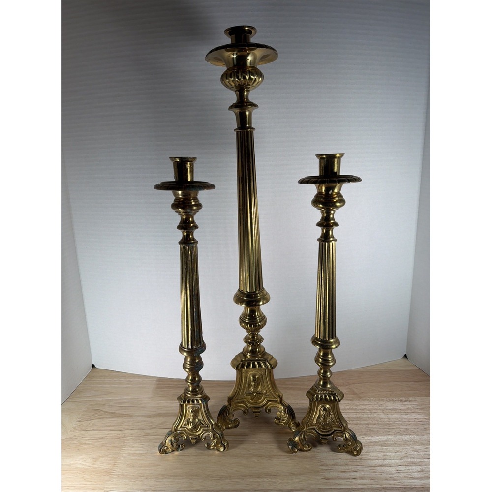 Set 3 Antique Church Altar Tall Brass Candlesticks Mary Joseph Jesus 20.5" & 15"